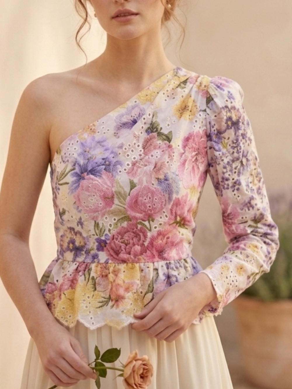 NWT Express Eyelet Floral Gathered One Shoulder Peplum Top Sz 8 Garden Floral